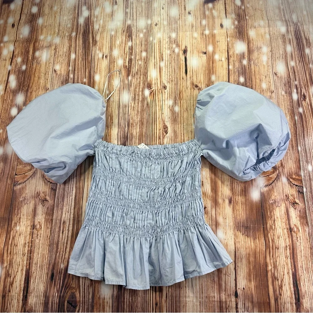 Astr Light Blue Smocked Puff Sleeve Blouse Size Medium